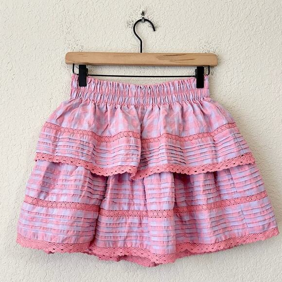 DAY + MOON Mini Skirt Pink Check Elastic Waist Tiered Skort Trendy NWT - Picture 1 of 10